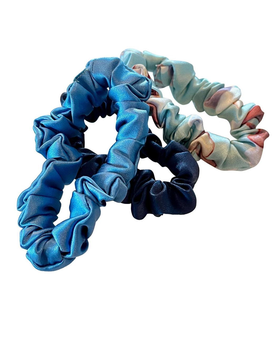 Soft Strokes Silk Blue Set Of Three Pure Mulberry Silk Mini Scrunchies Weekly Special Hair Ties Lakeside Serenity