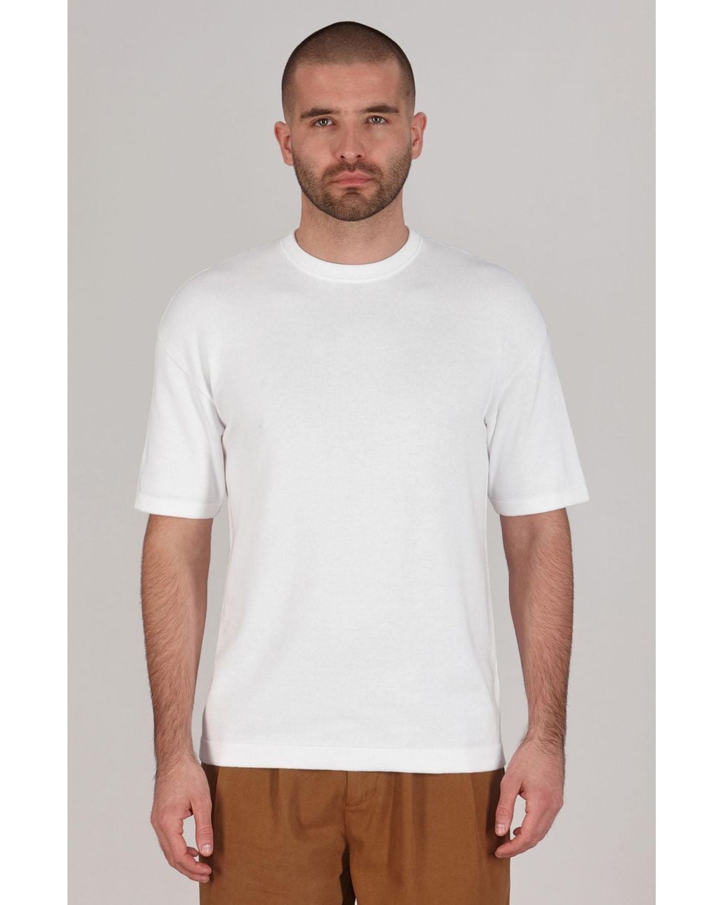 Paul James Knitwear White Lightweight Cotton Ewann Oversized Knitted T-Shirt for men