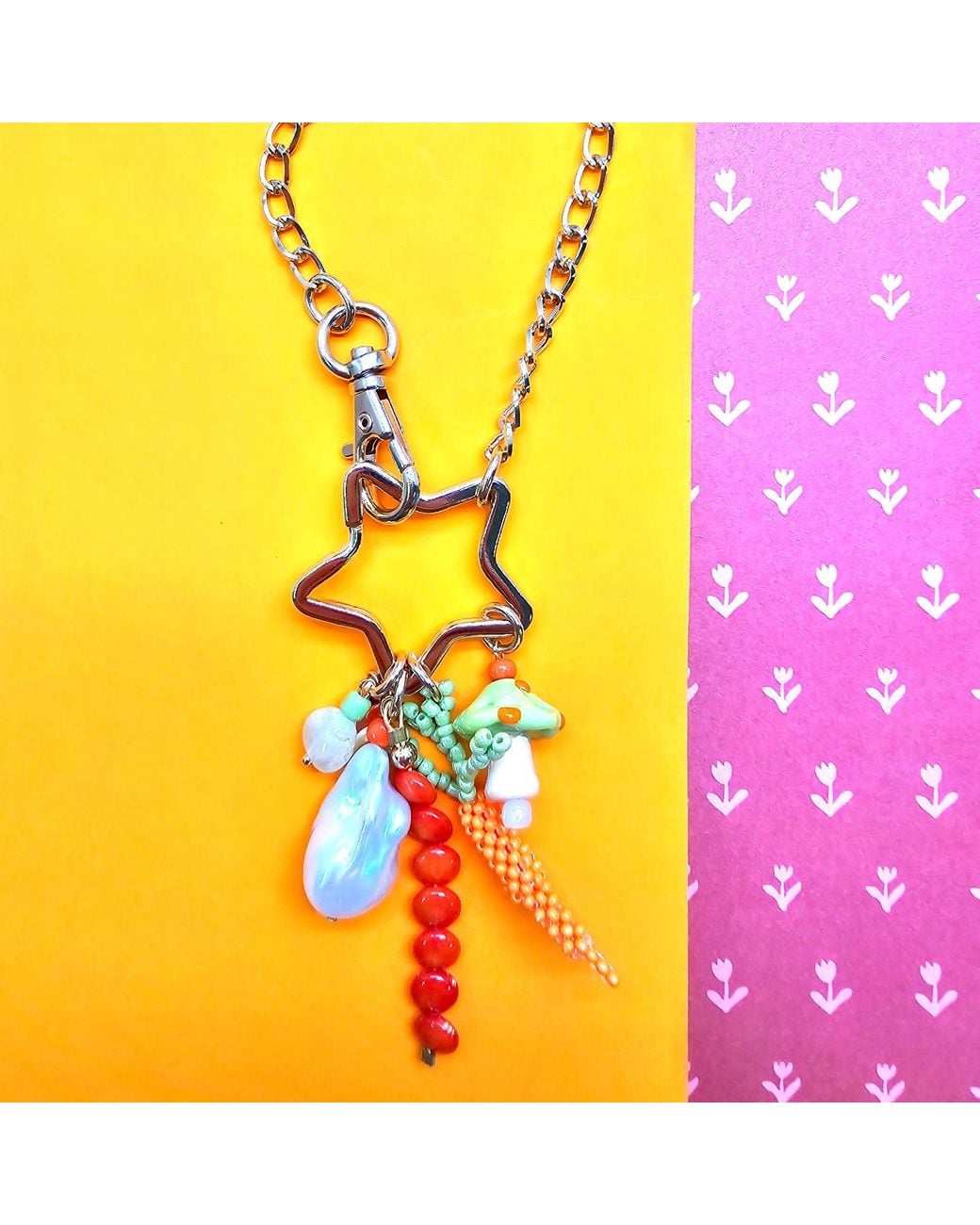 Farra Metallic Baroque Pearl Bamboo Coral And Handcrafted Carrot Bag Charm