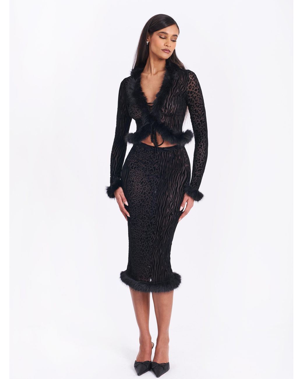 Miss Circle New York Black Halia Animal Print Burnout Velvet Fur Trim Skirt