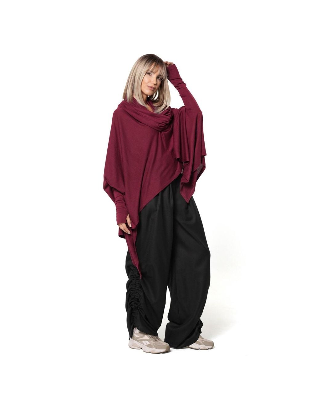Metamorph Red Extravagant Cotton Tunic With Scarf Collar