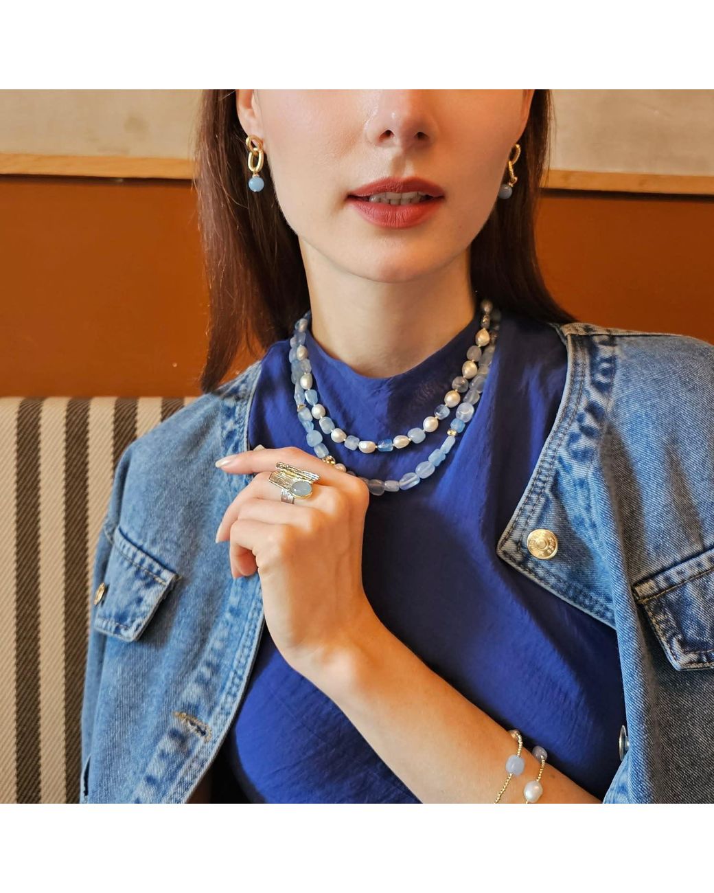 Farra Blue Free Style Irregular Freshwater Pearls With Aquamarine Short Necklace