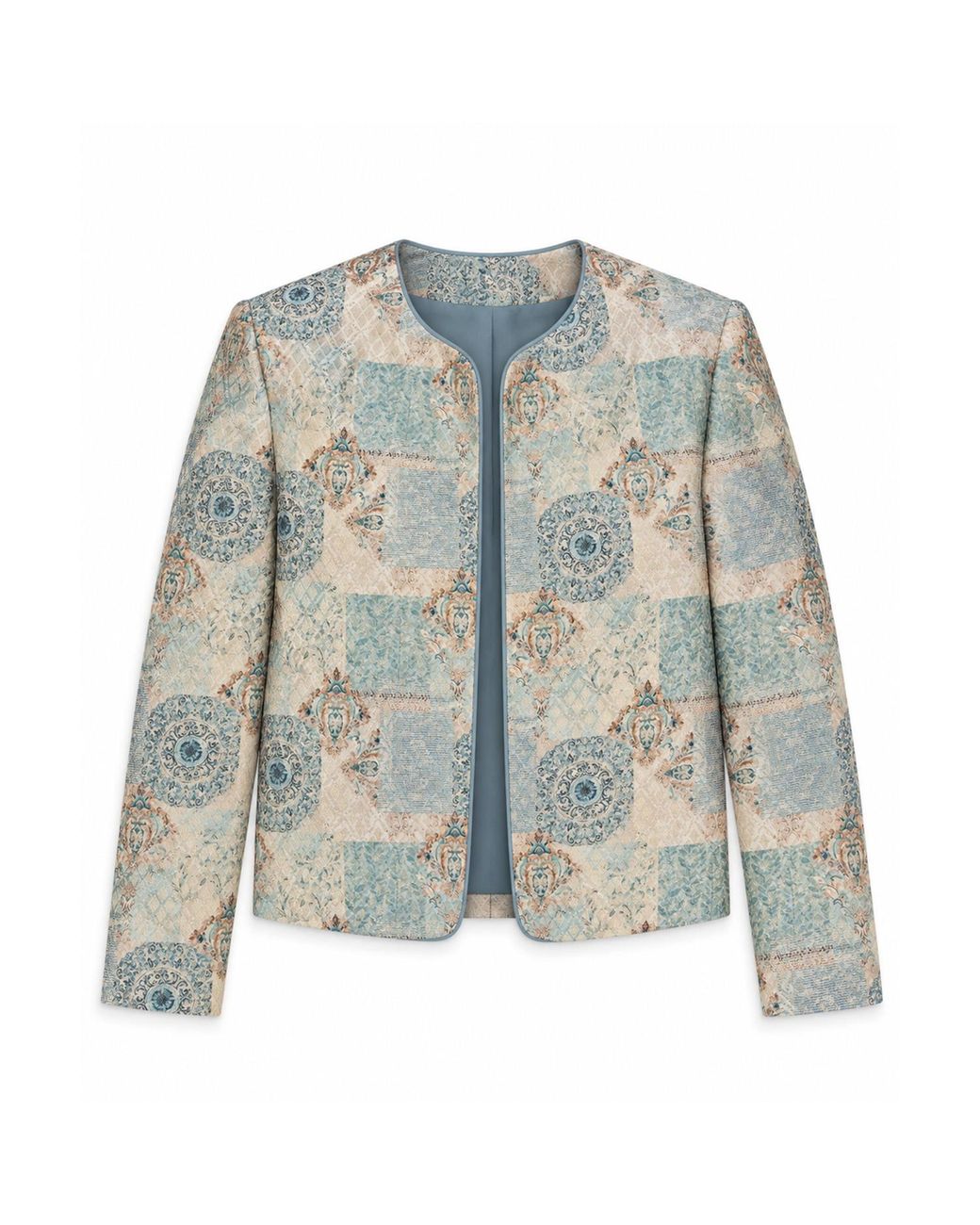 Stovaria Blue Ivory Silk-Cotton Jacquard Statement Jacket
