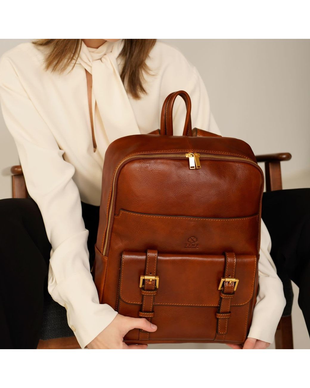 Time Resistance Brown Leather Backpack Travel Bag