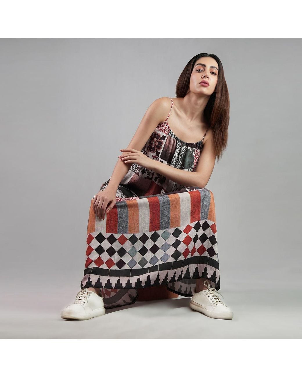 DHARA SHETH DUBAI Red Celestial Tesserae Mosaic Print Spaghetti Strap Cotton Maxi Dress
