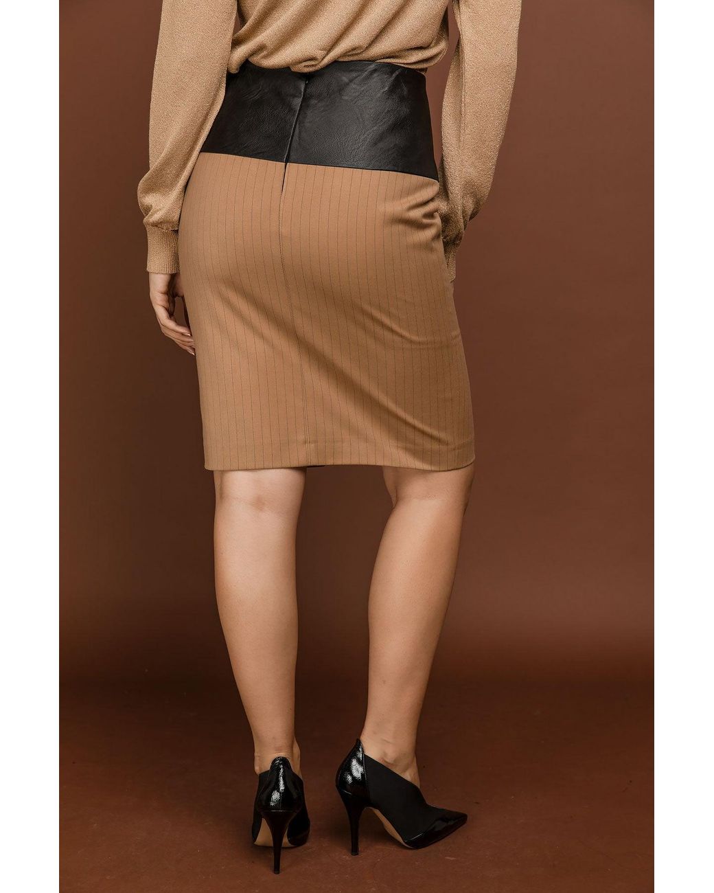 Conquista Brown Camel Striped Pencil Skirt By Si Fashion