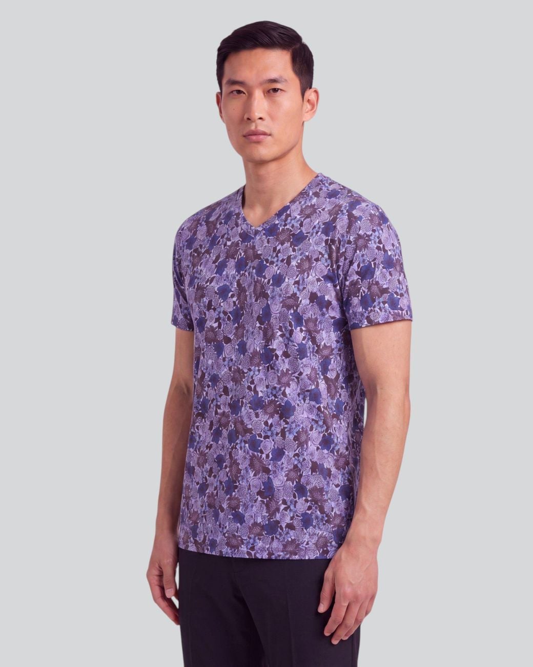 Lords of Harlech Blue Maze Ternberg Floral Brownie Stretch Cotton V-Neck Tee for men