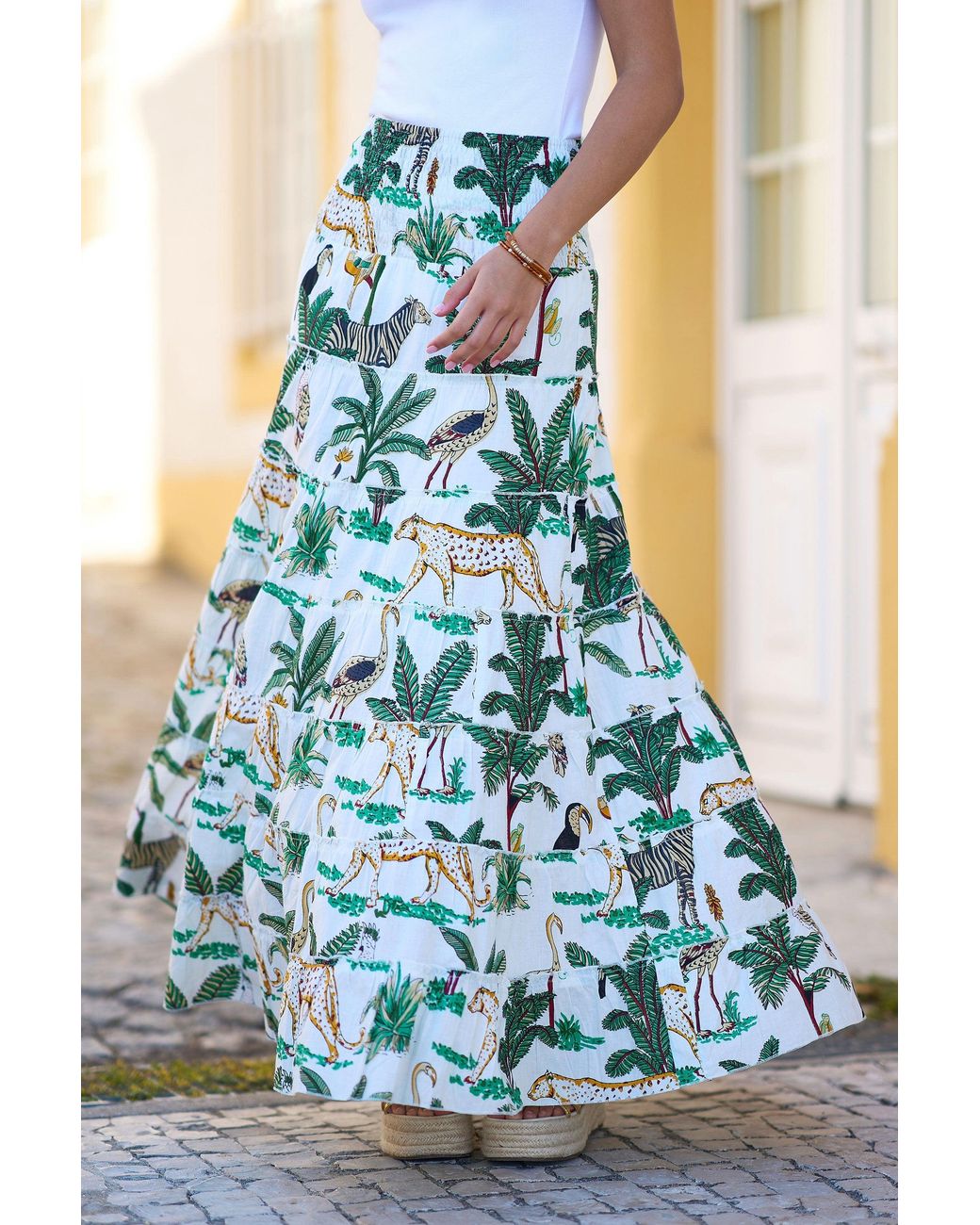 Yumi' Blue Animal Print Cotton Tiered Maxi Skirt