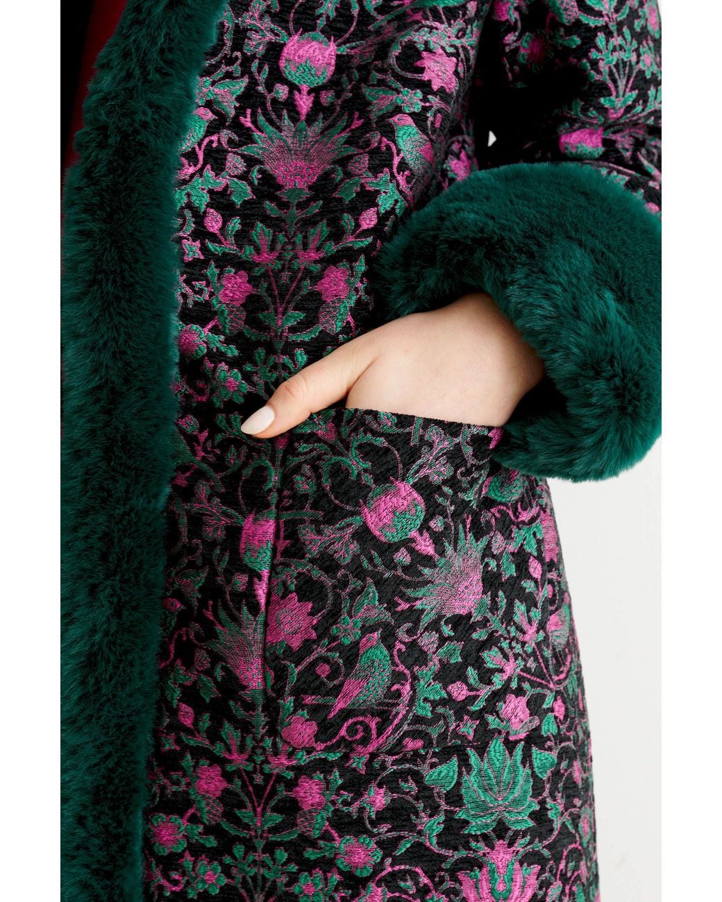 Louche Blue Delphia Belle Plume Jacquard Fur Trim Opera Coat