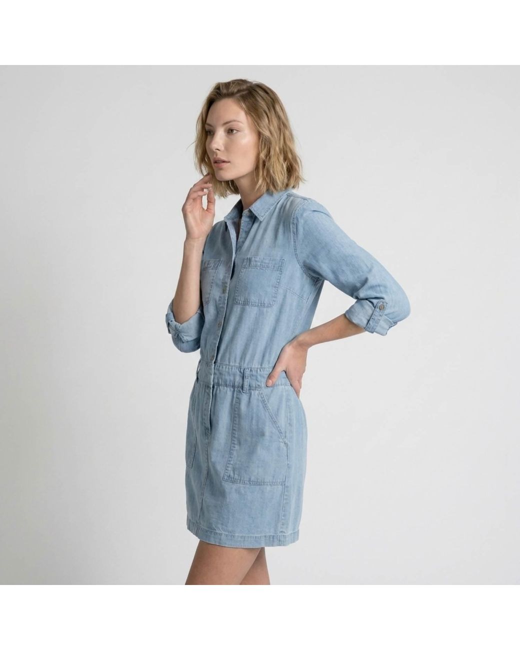 Modenaire Blue Denim Mini Dress Structured Button Front