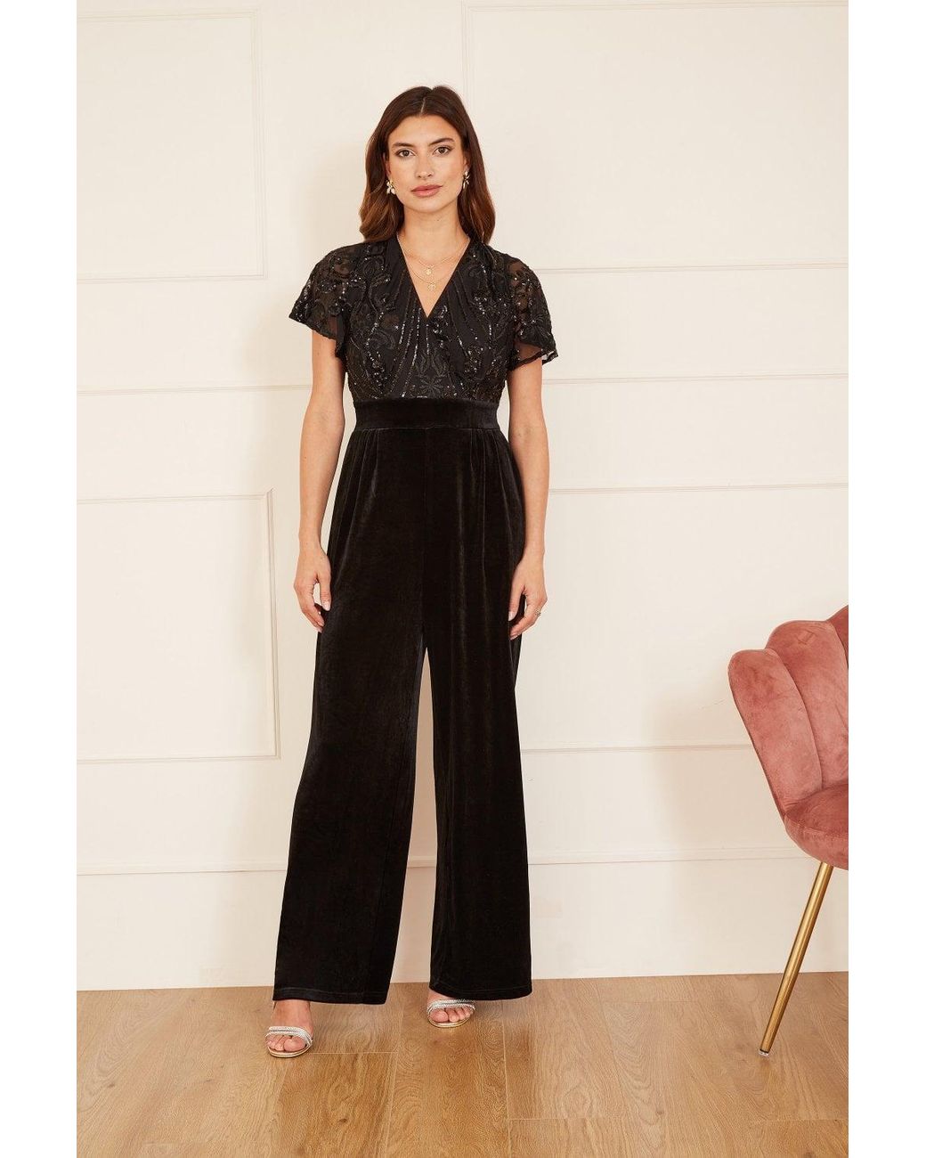 Yumi' Black Sequin Embellished Velvet Jumpsuit With Angel Sleeves