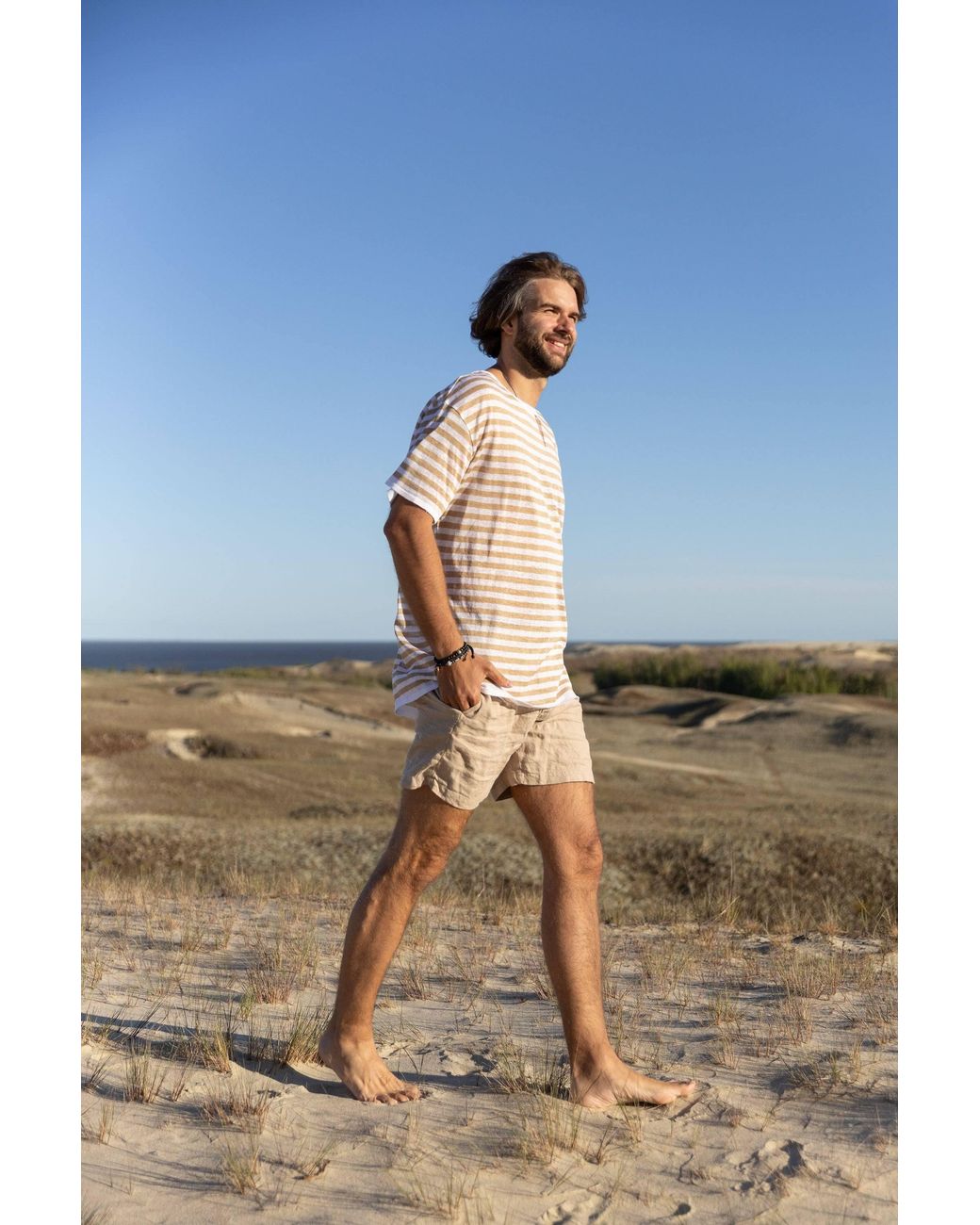 SALANIDA White Energia Ripped Linen T-Shirt Caramel Striped