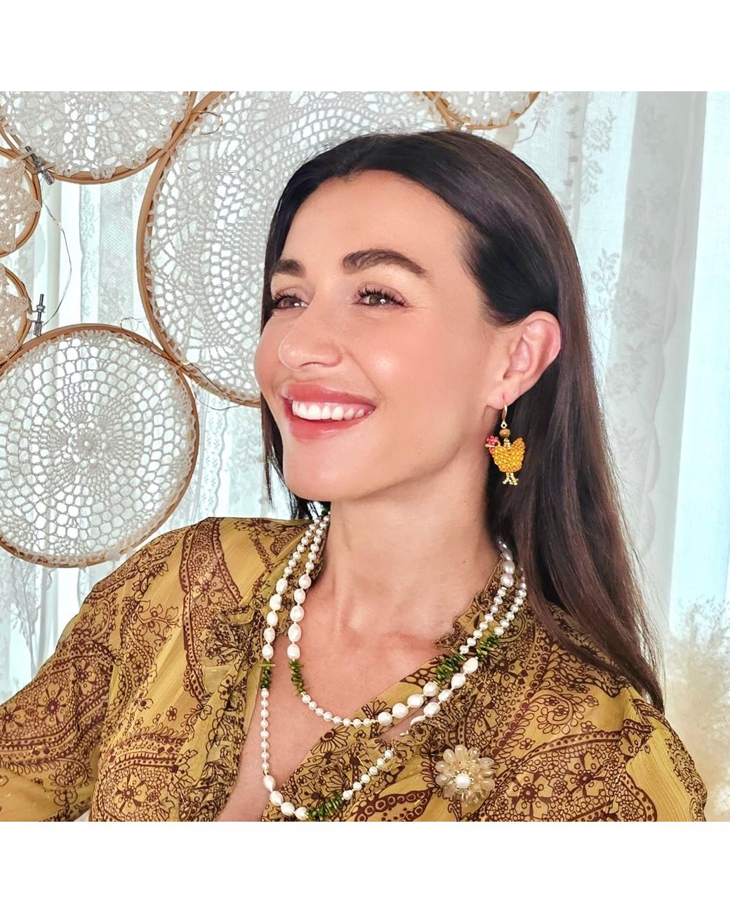 Farra Metallic Playful Beaded Chicken Dangle Earrings