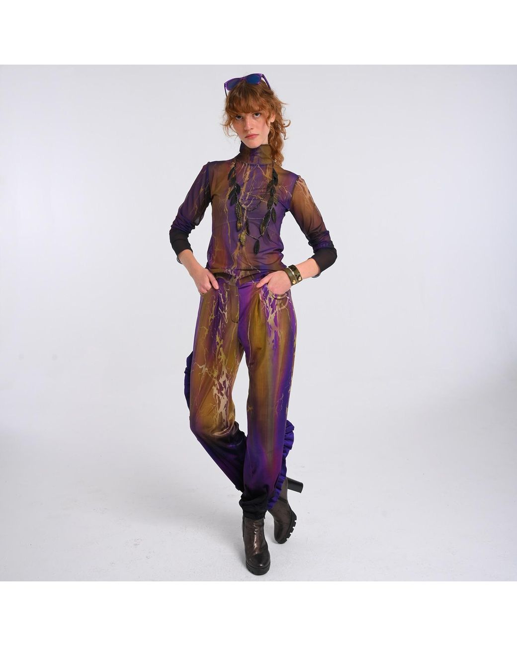 Lalipop Design Purple Abstract Print Velvet High-Waist Pants