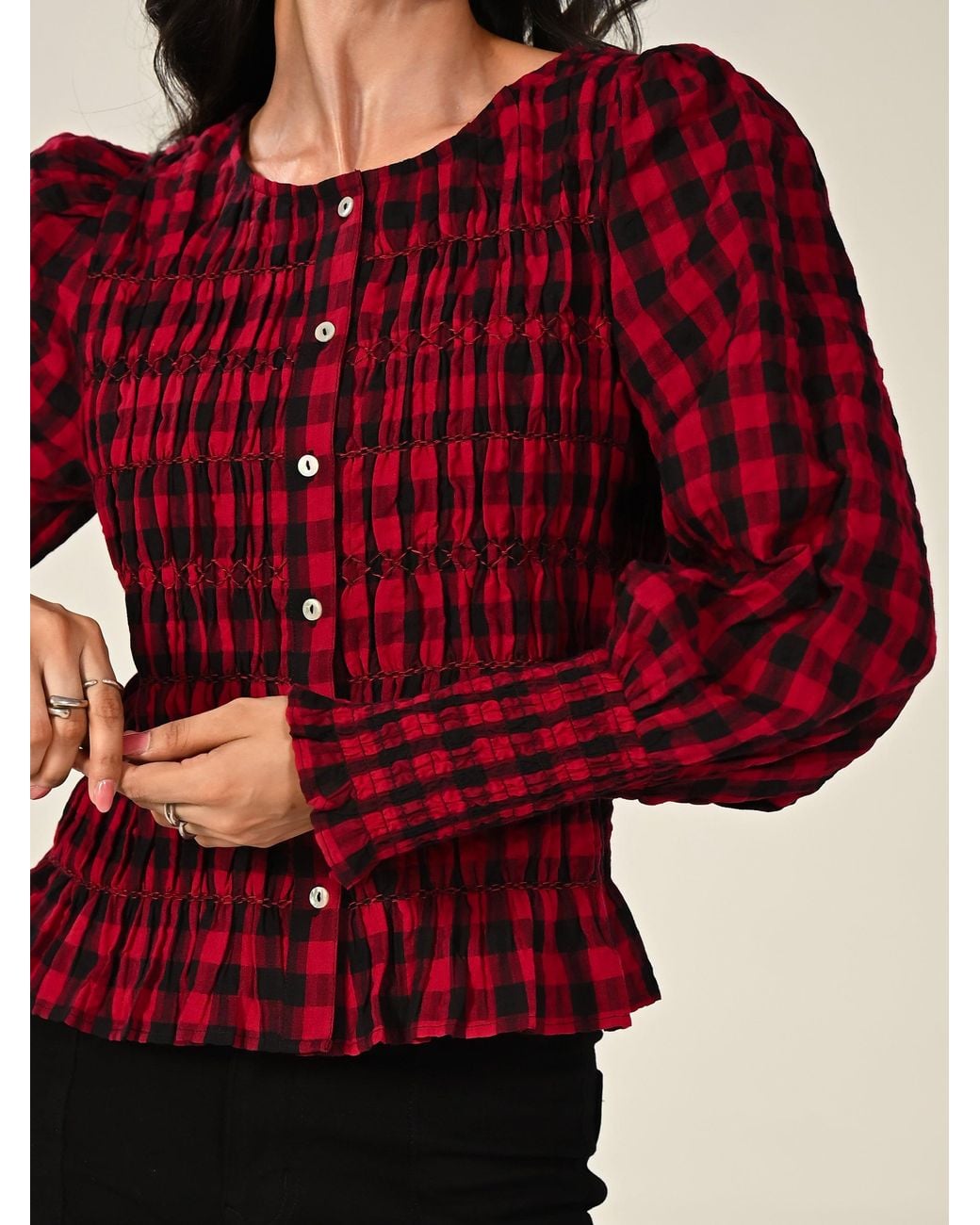 Rose & Nancy Red Mary Cotton Check Smocked Shirt