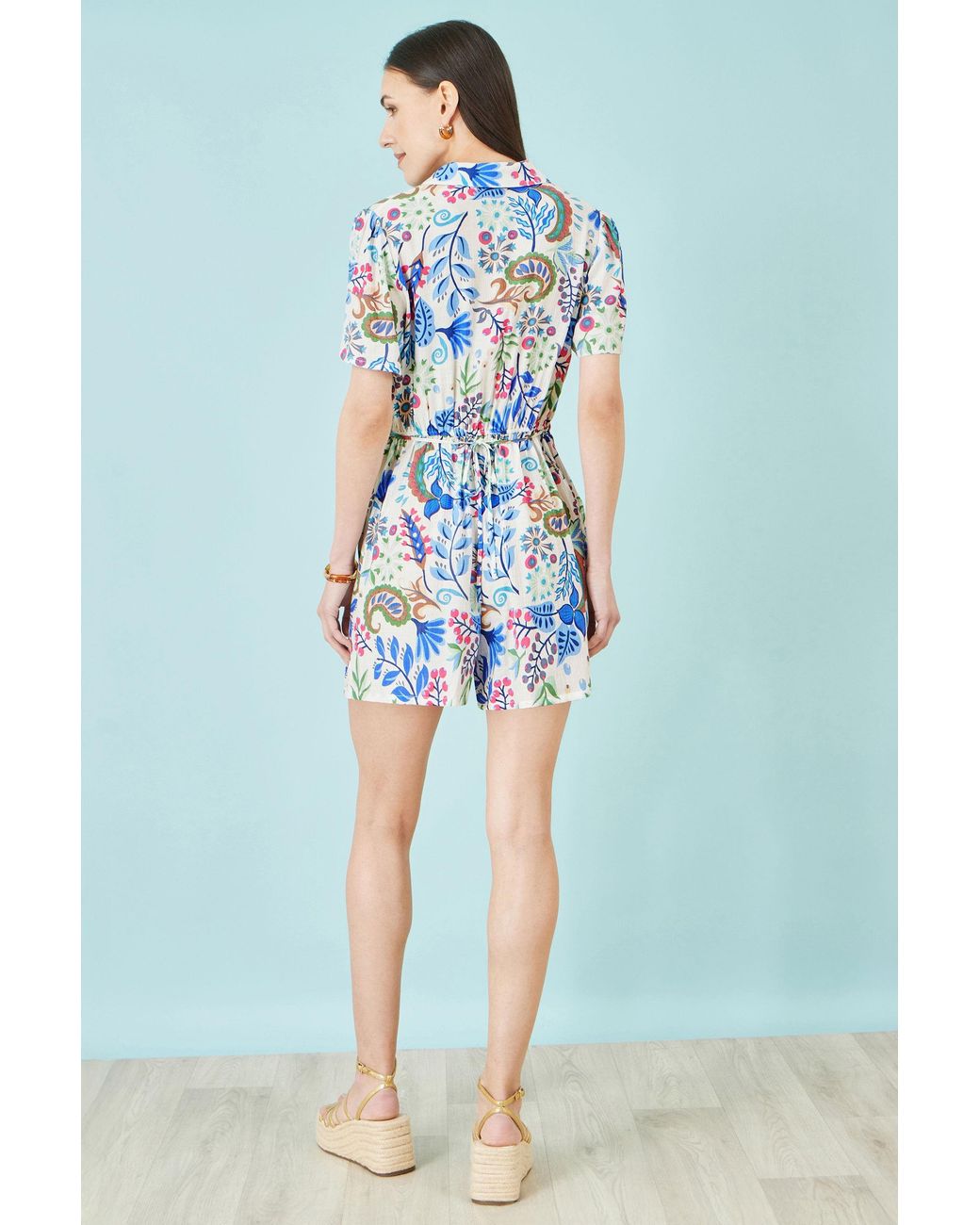Yumi' Blue Multicolour Paisley Retro Print Playsuit