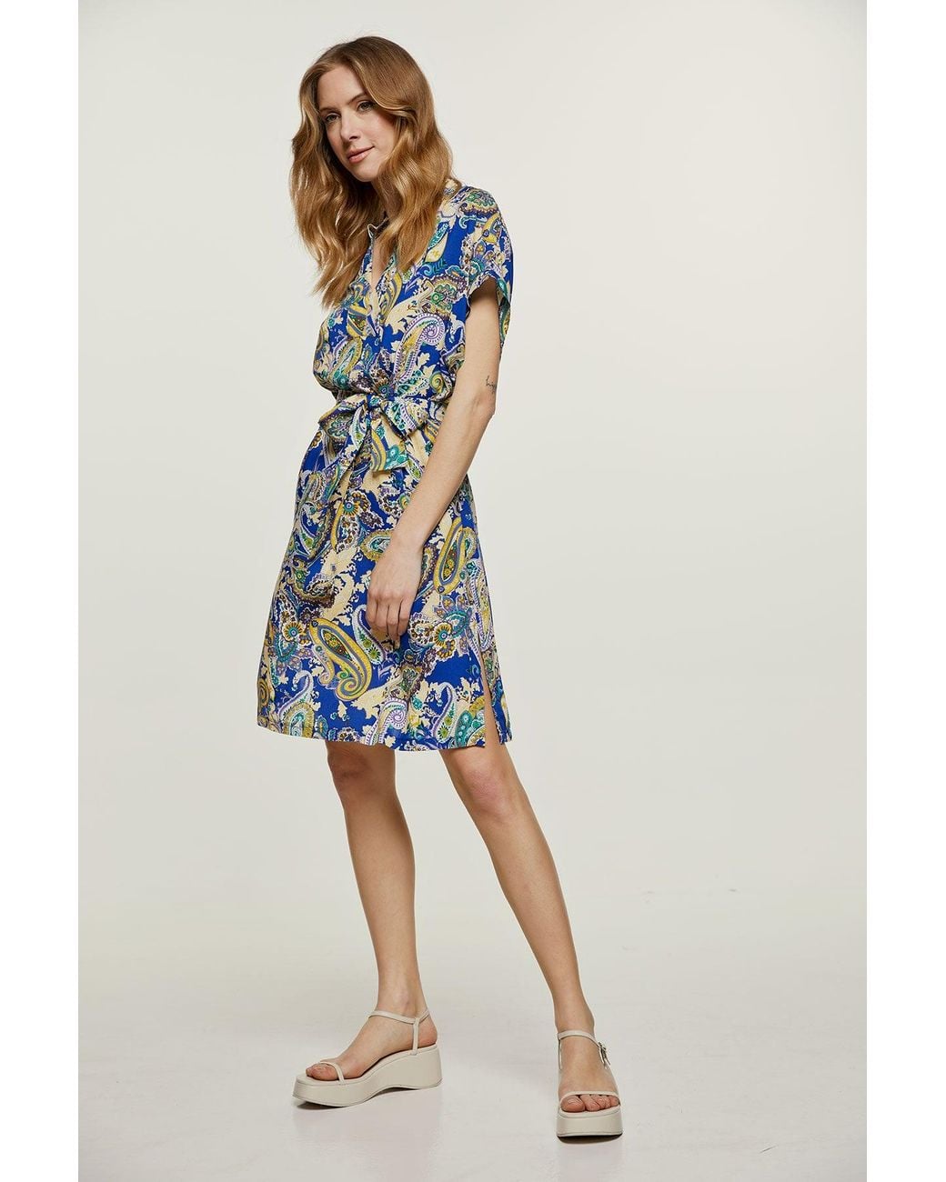 Conquista Blue Paisley Print Dress With Slits