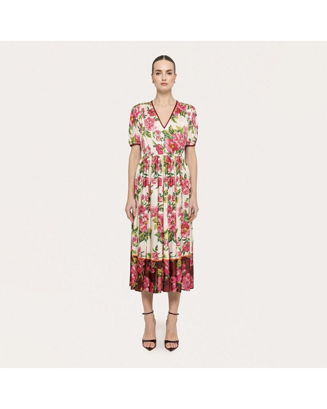 Nissa Red Floral-Patterned Viscose Midi Dress
