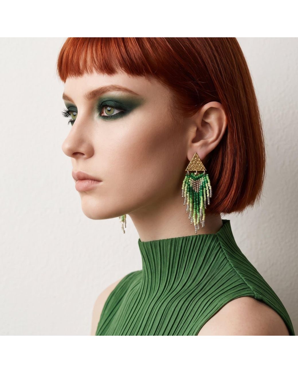 Iliana Arrazola Green Triangle Fringe, Dangle Earrings, Glass Beads, Beaded Jewelry