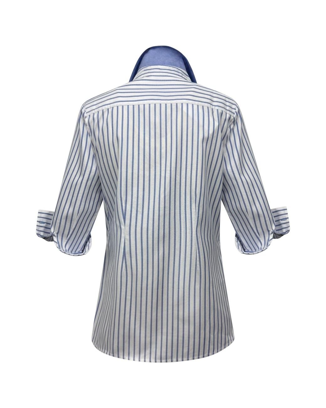 Perlavera Blue Sam Jeans Stripe Hidden Placket Three Quarter Sleeve Slim Fit Cotton Oxford Shirt