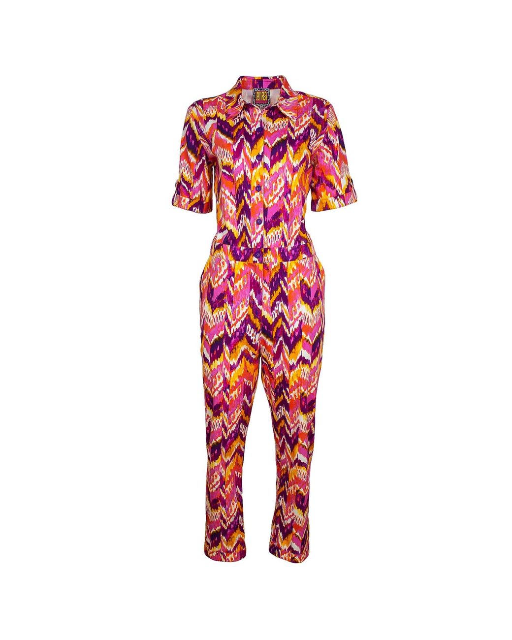 Lalipop Design Red Cotton Jumpsuit With Colorful Zigzag Print