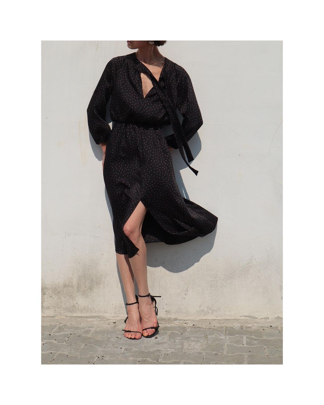 2KStyle Black Acton Pussybow Polkadot Satin Effect Midi Dress
