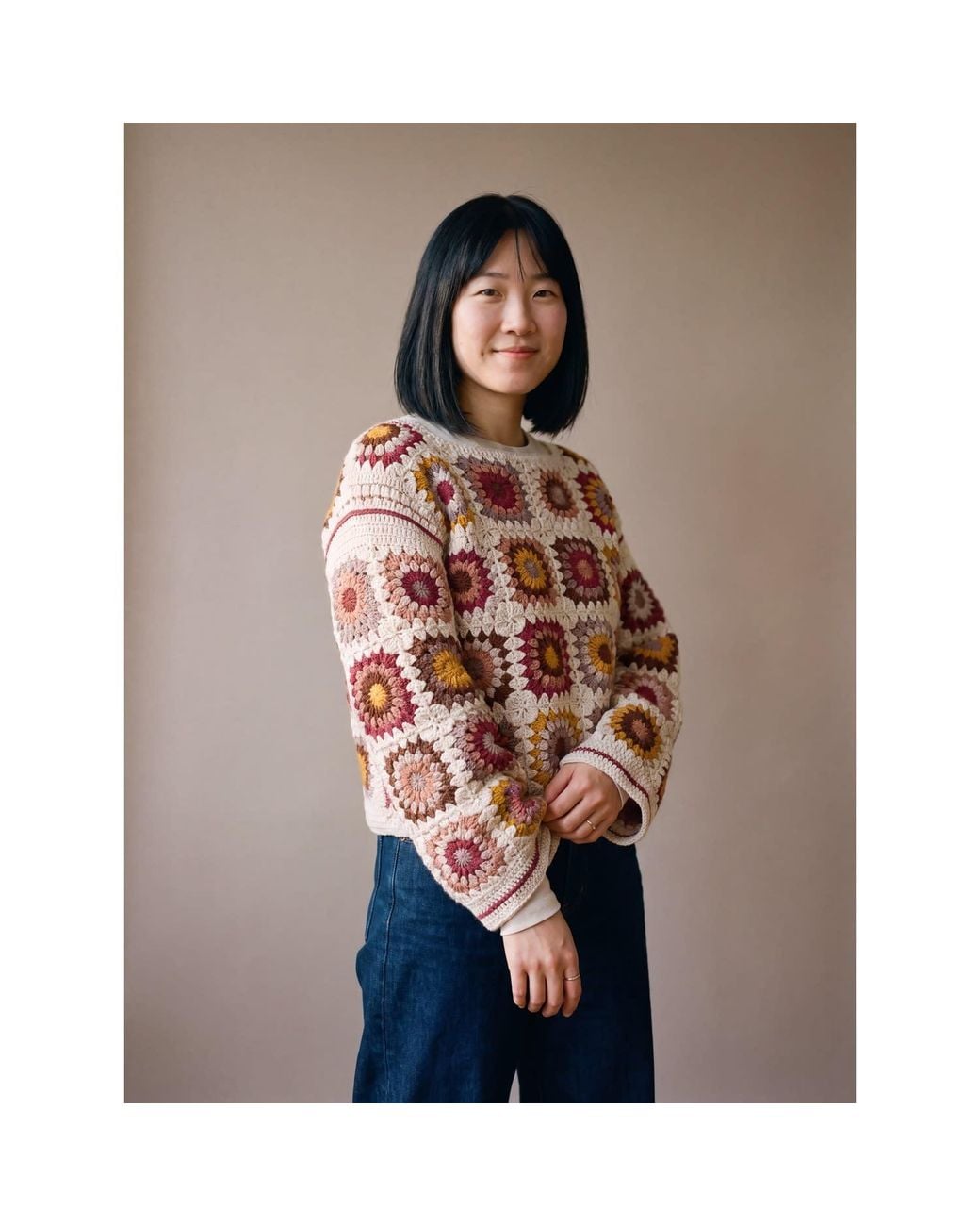 Ana Chic Brown Cream Granny Square Handmade Crochet Jumper