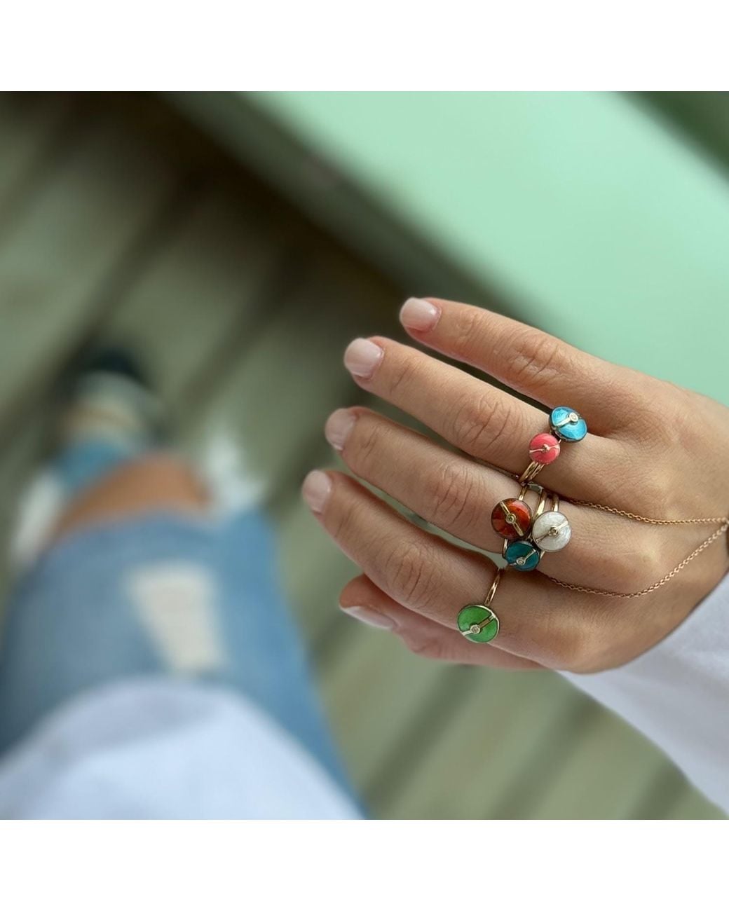 Ecce | Artisan Diamonds Blue Enamelled Mini Multi Diamond Buttons 14K Ring