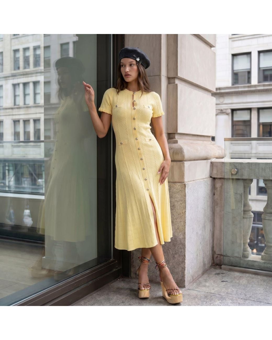 Modenaire Yellow Ribbed Knit Midi Dress