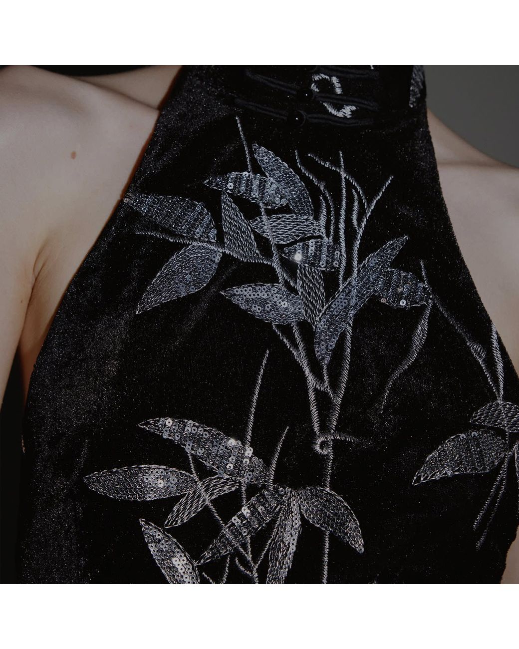 Belsize25 Black Bamboo Leaf Beaded Embroidered Halterneck Gown
