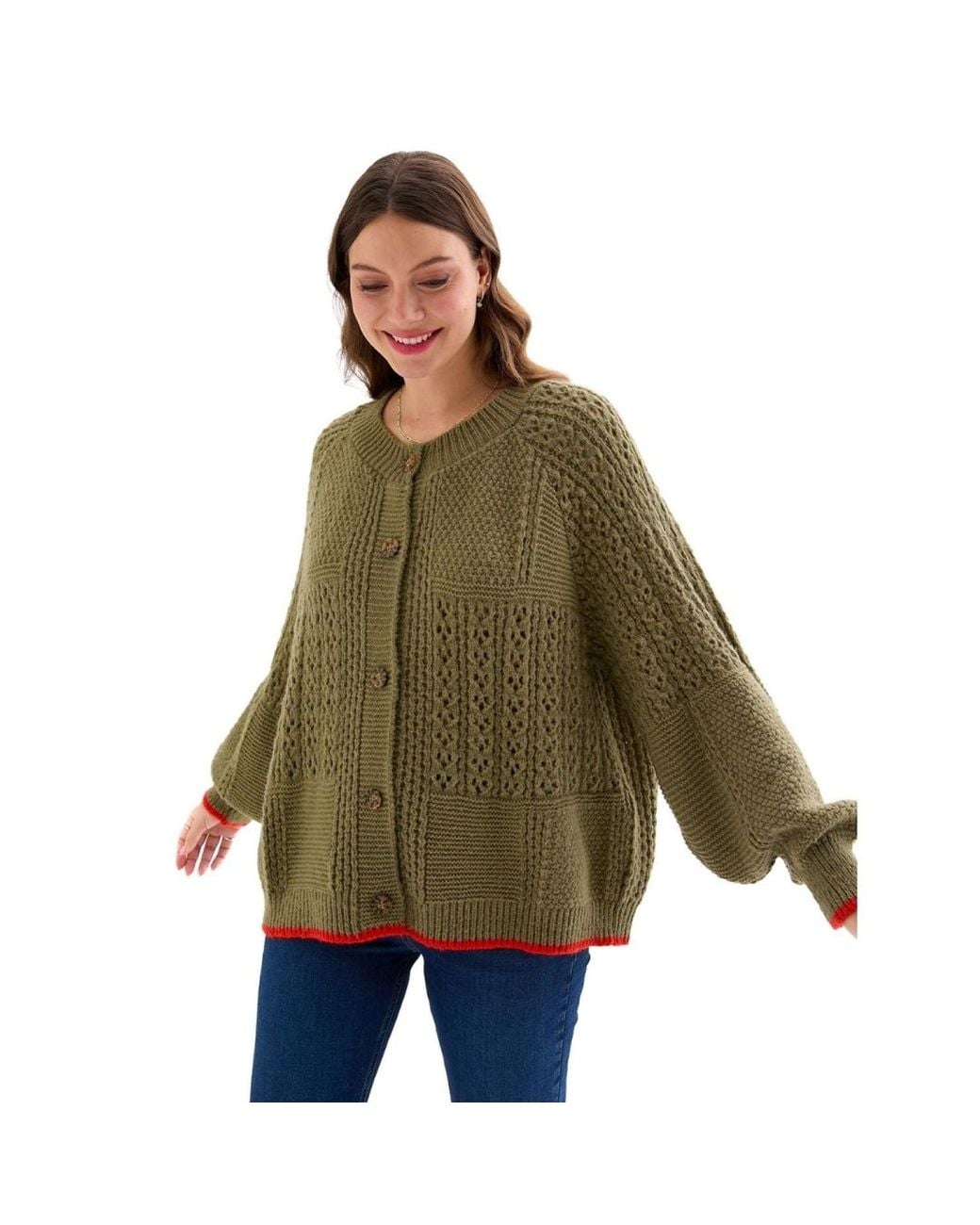 Cara & The Sky Green Brigit Balloon Sleeve Pointelle Stitch Cardigan