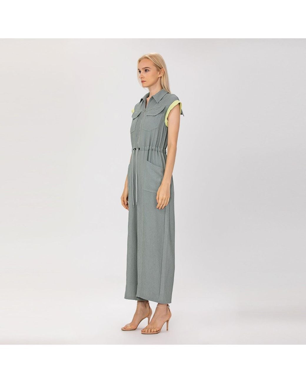 Smart and Joy Gray Sleeveless Shirt Collar Jumpsuit With Belt