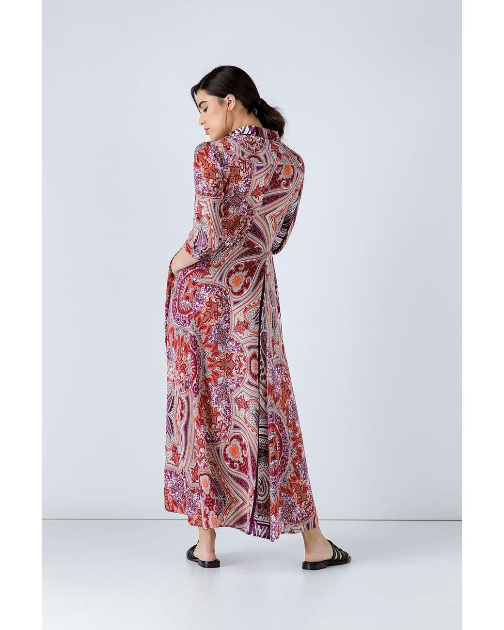Conquista Red Print Maxi Dress With Buttons