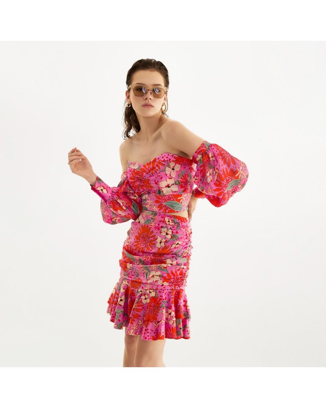 Lita Couture Red Summer Bouquet Mini Ruffle Skirt