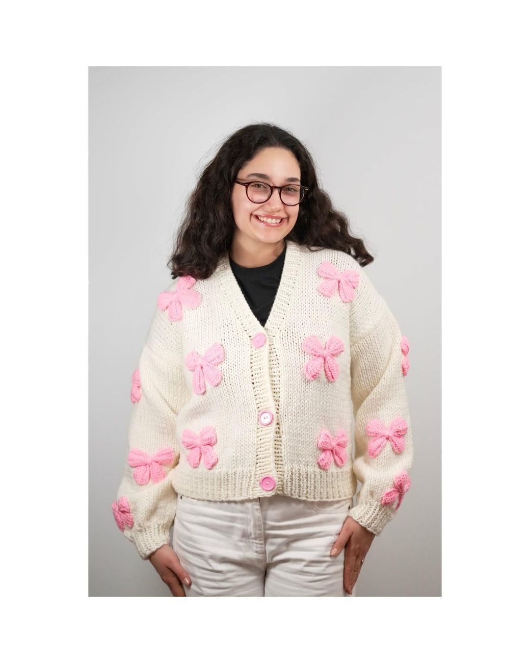 Ana Chic Pink Neutrals Bow Handmade Knitted Cropped Cardigan