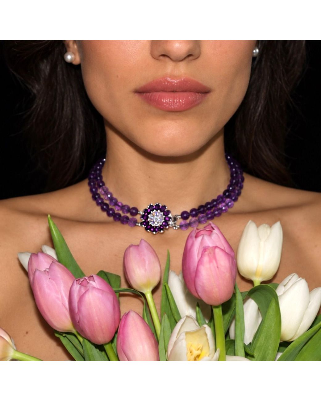 Mineralgems•Studio Purple Two-Strand Amethyst Choker With Floral Clasp