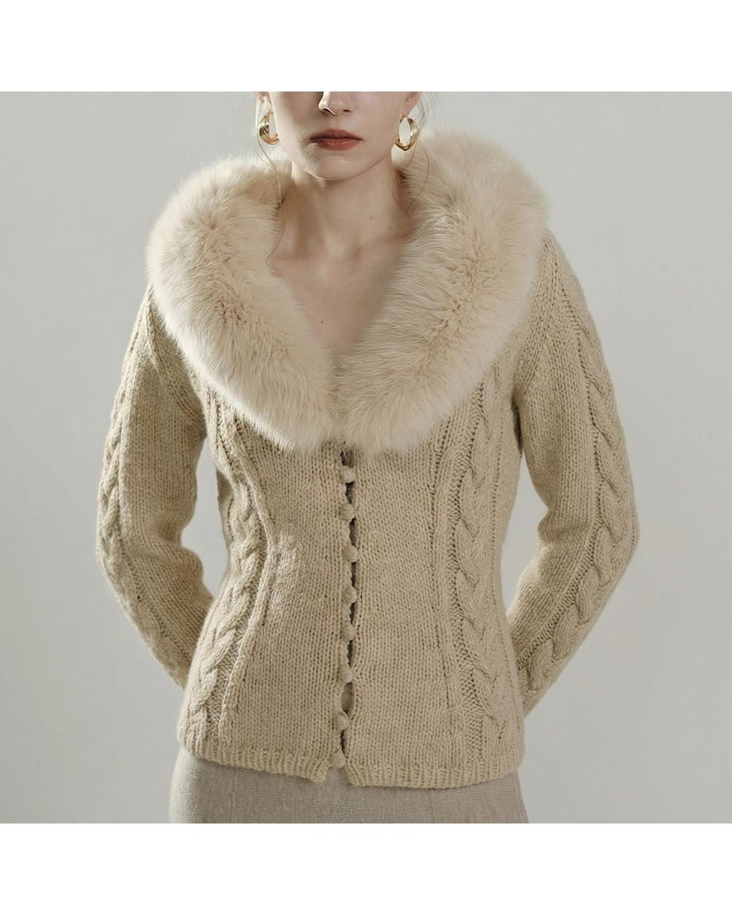 Belsize25 Natural Neutrals Cashmere-Blend Faux Fur Collar Cable-Knit Cardigan