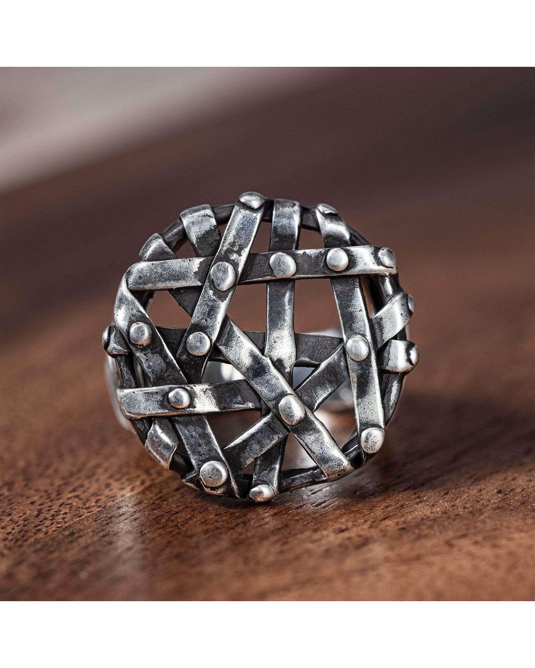 German Kabirski Metallic Chainmail Sterling Ring With Cold, Machined Metal Effect for men