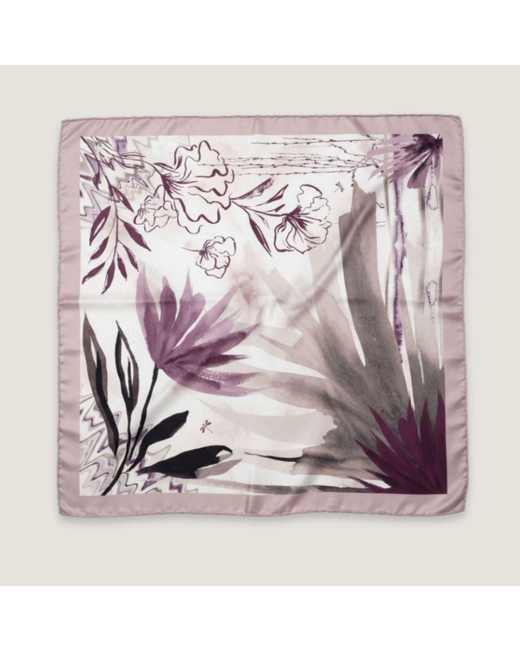 Hi Silk Purple Neutrals Petals And Palms Large Square Silk Twill Scarf