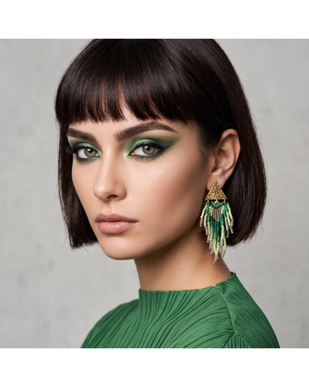 Iliana Arrazola Green Triangle Fringe, Dangle Earrings, Glass Beads, Beaded Jewelry