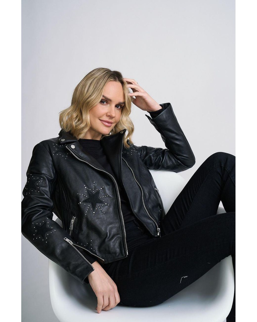 Mauritius Black Leather Moto Jacket With Star Appliqués & Studs Soraya