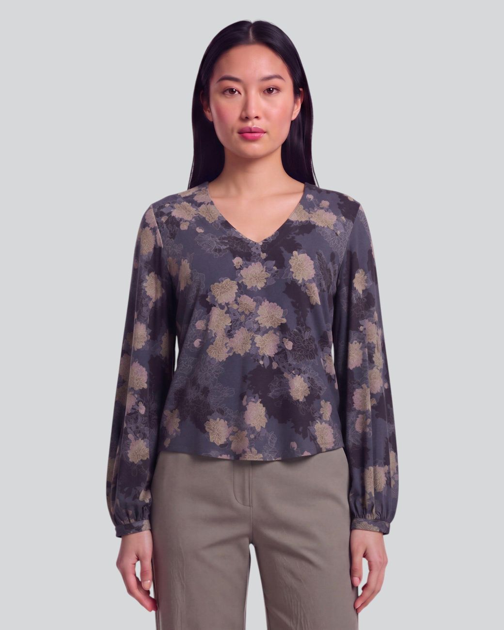 Lords of Harlech Blue Val Lans Floral Lyocell Stretch V-Neck Top