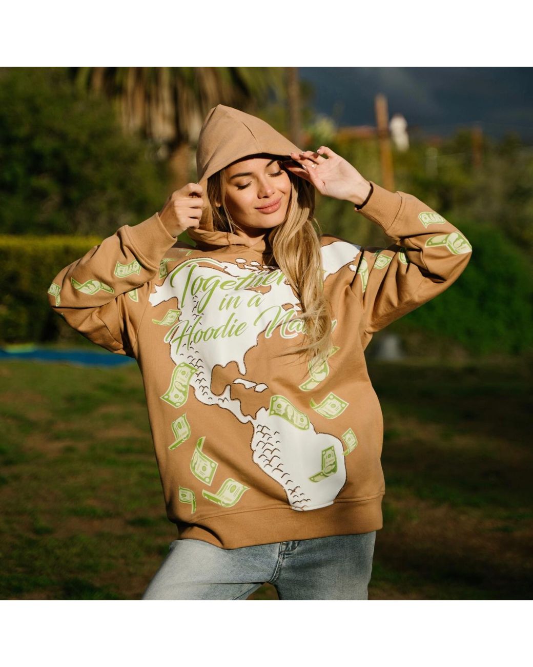 Miracles Manifester Gray Manifestation Embroidered Hoodie With Rhinestone Design