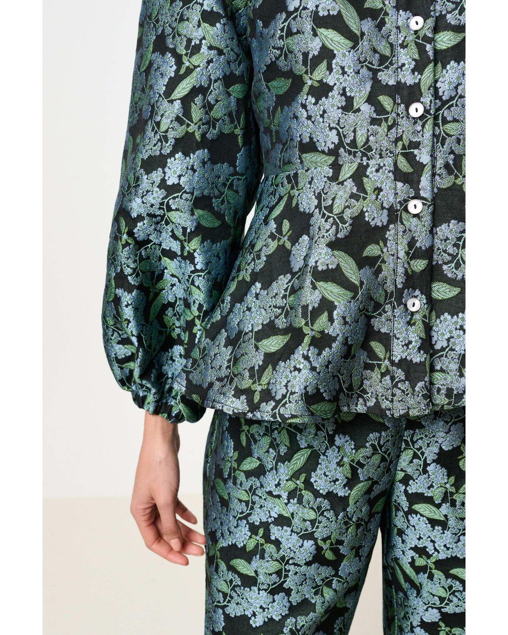 Louche Green Clementine Blossom Jacquard Peplum Blouse