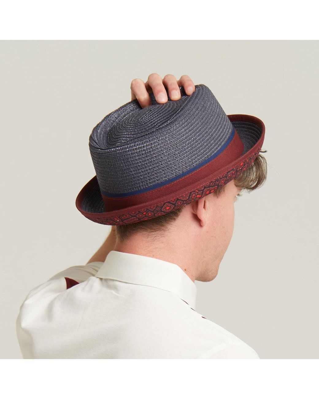 Dasmarca Hats Red Dasmarca Tommy Ash Summer Straw Porkpie Hat With Vintage Geometric Prints for men