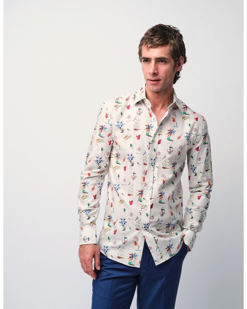 Gresham Blake White Neutrals Cream Scatter Print Shirt for men