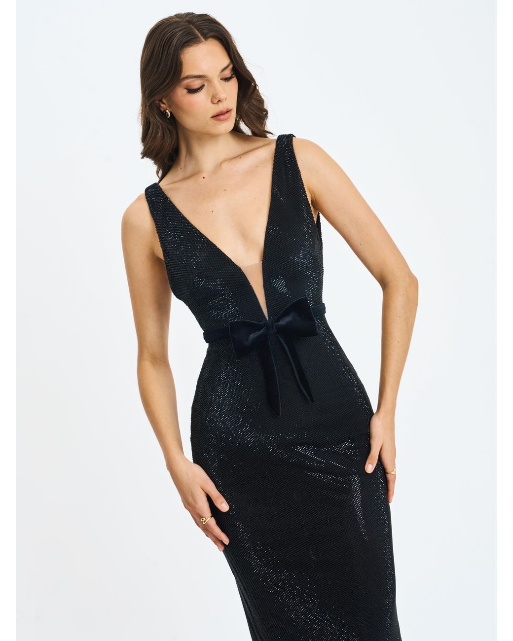 Miss Circle New York Black Olympia Belted Bow Plunging Rhinestone Maxi Dress