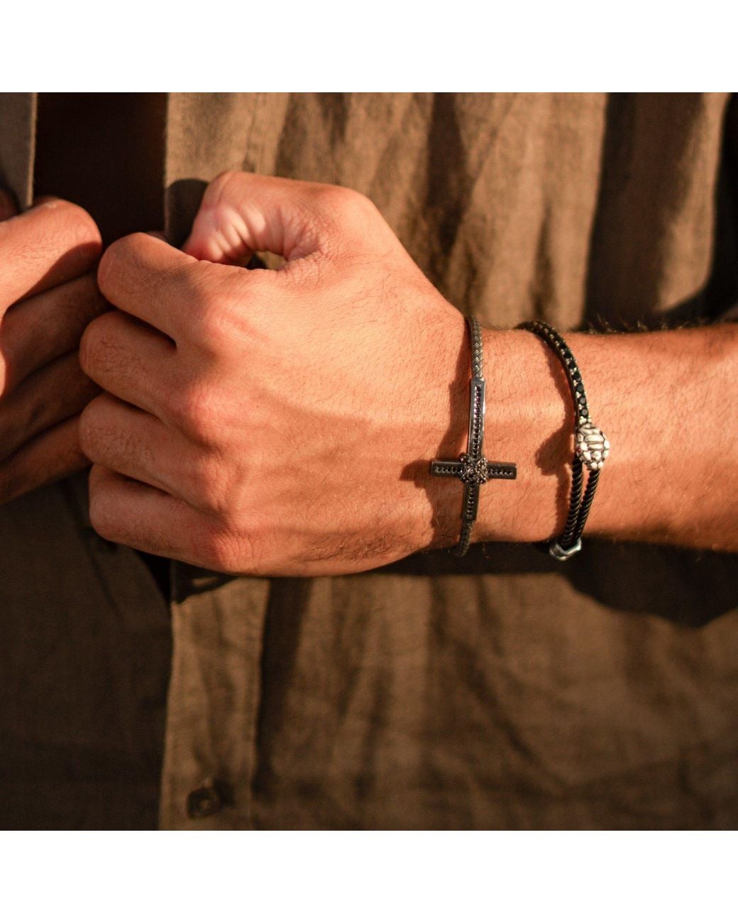 Ebru Jewelry Multicolor Diamond Cross Woven Oxidized Sterling Cuff Bracelet for men