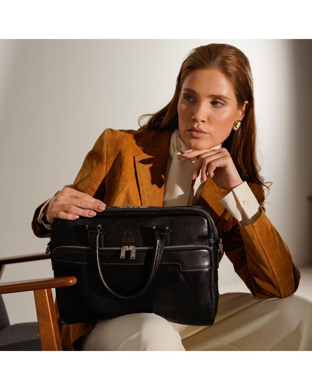 Time Resistance Black Leather Briefcase Laptop Bag for men