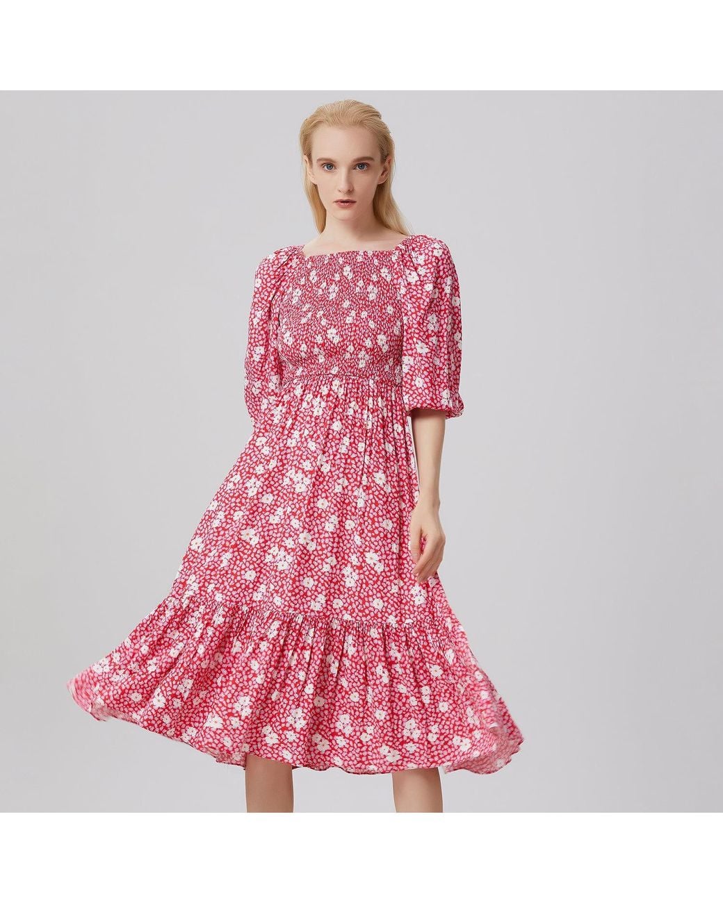 Smart and Joy Smocks Flared Dress With Flower Print